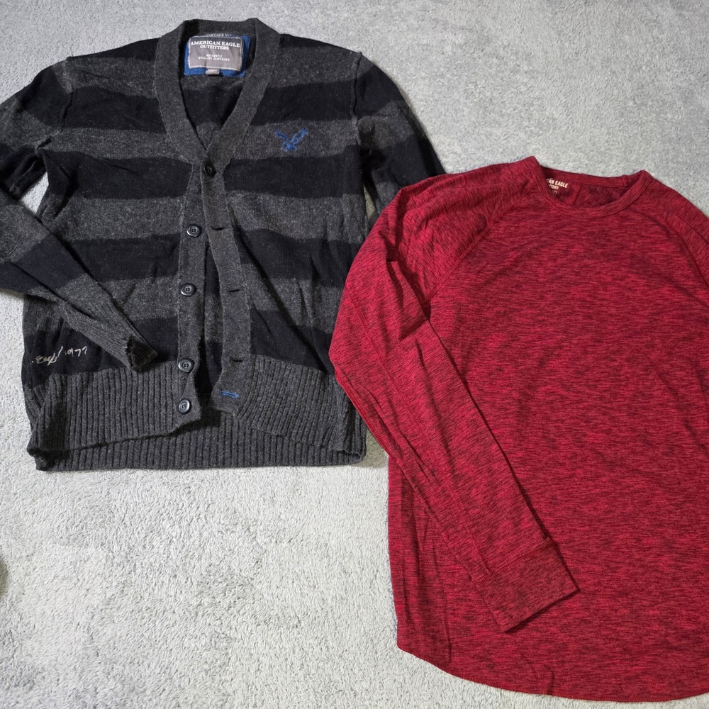 American Eagle Mens S Cardigan & Tee‎ Bundle Gray Striped Red Marled Wool Blend